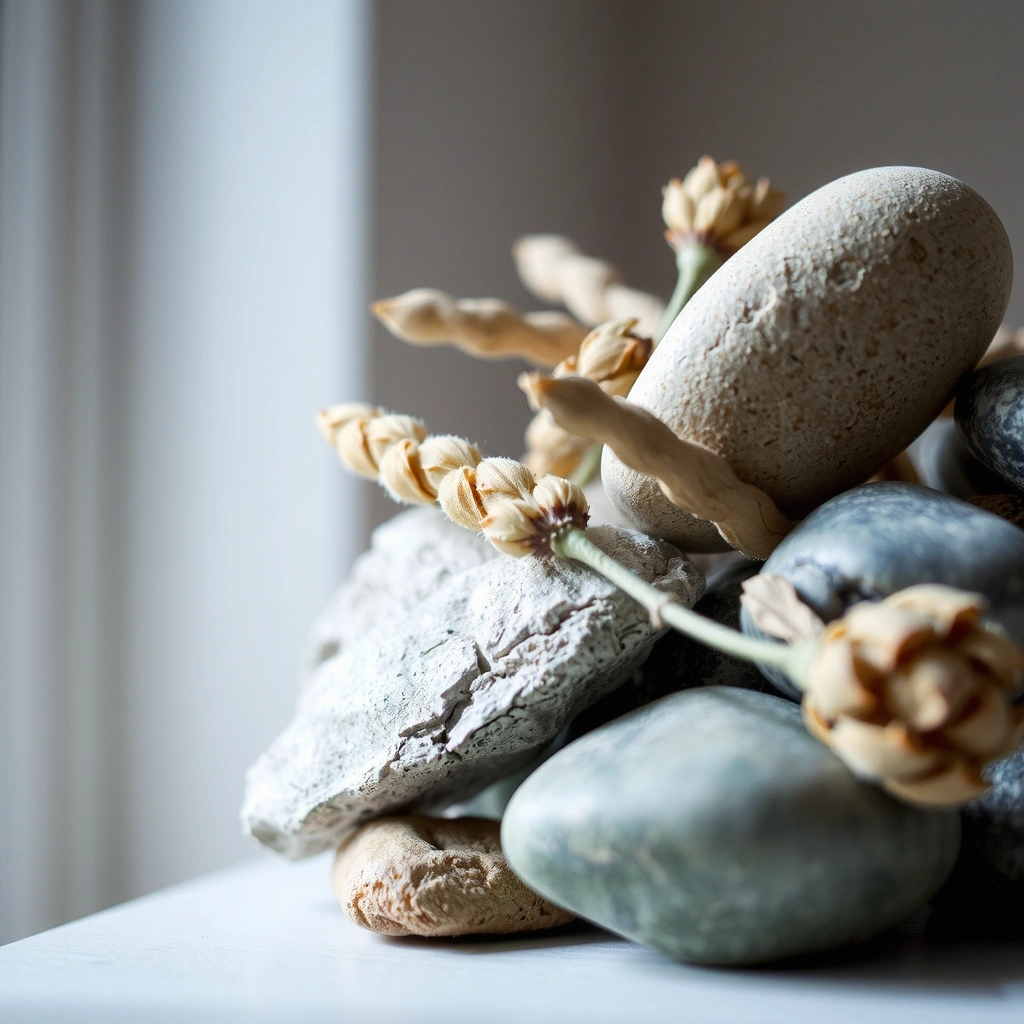 Abstrakte Naturtextur aus getrockneten Pflanzen und Steinen